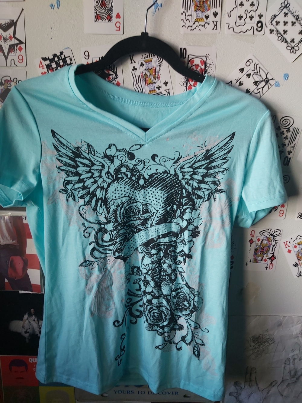 Women’s Aqua Graphic V‑Neck Tee with Winged Heart Print